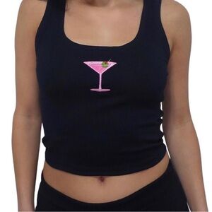 Black Tank Top with Pink Martini Embroidery and Red Rhinestone